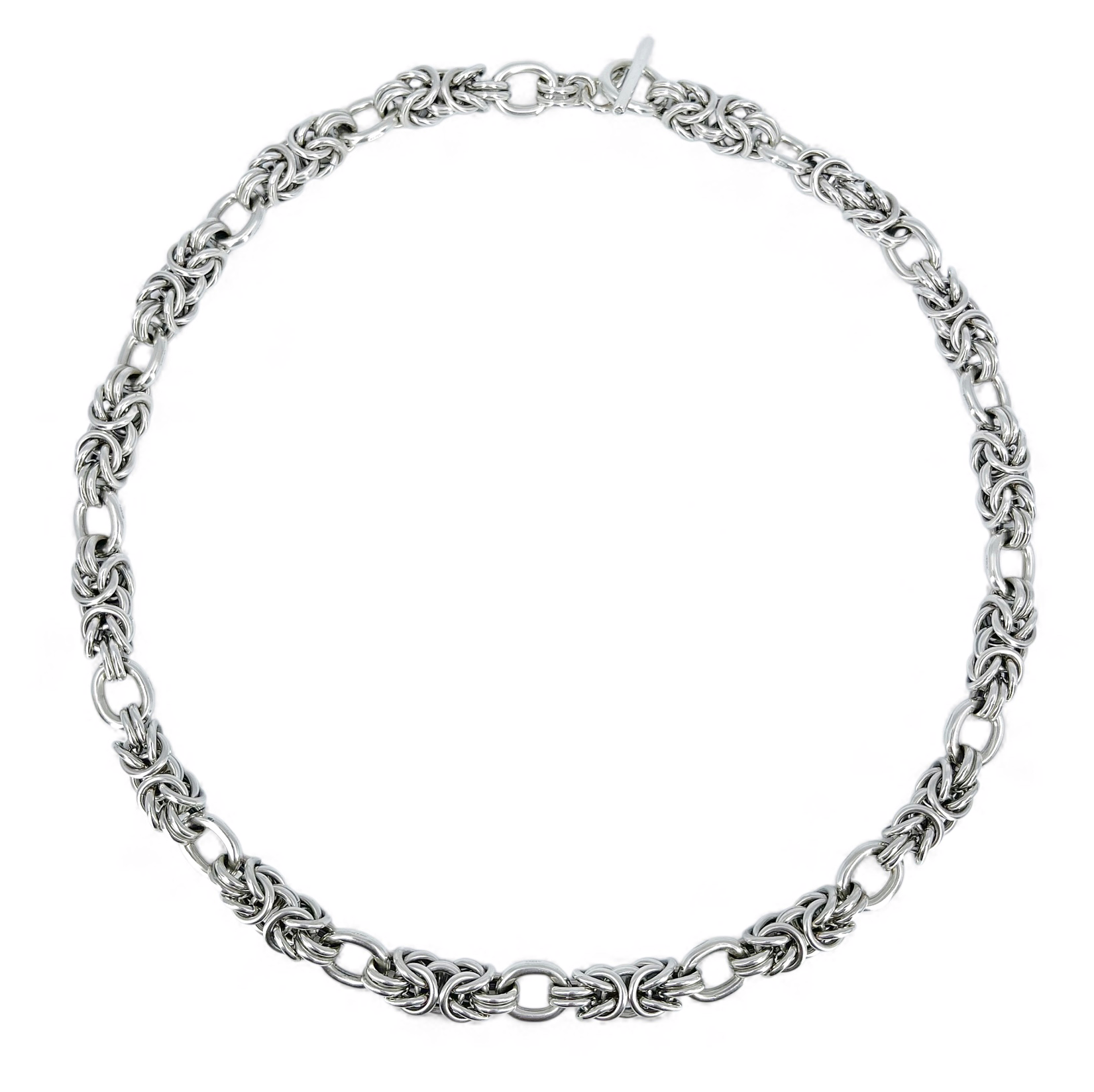 Sterling silver byzantine chainmail necklace on white background