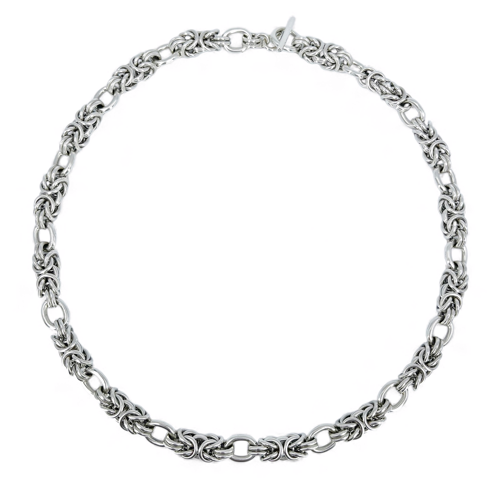 Sterling silver byzantine chainmail necklace on white background