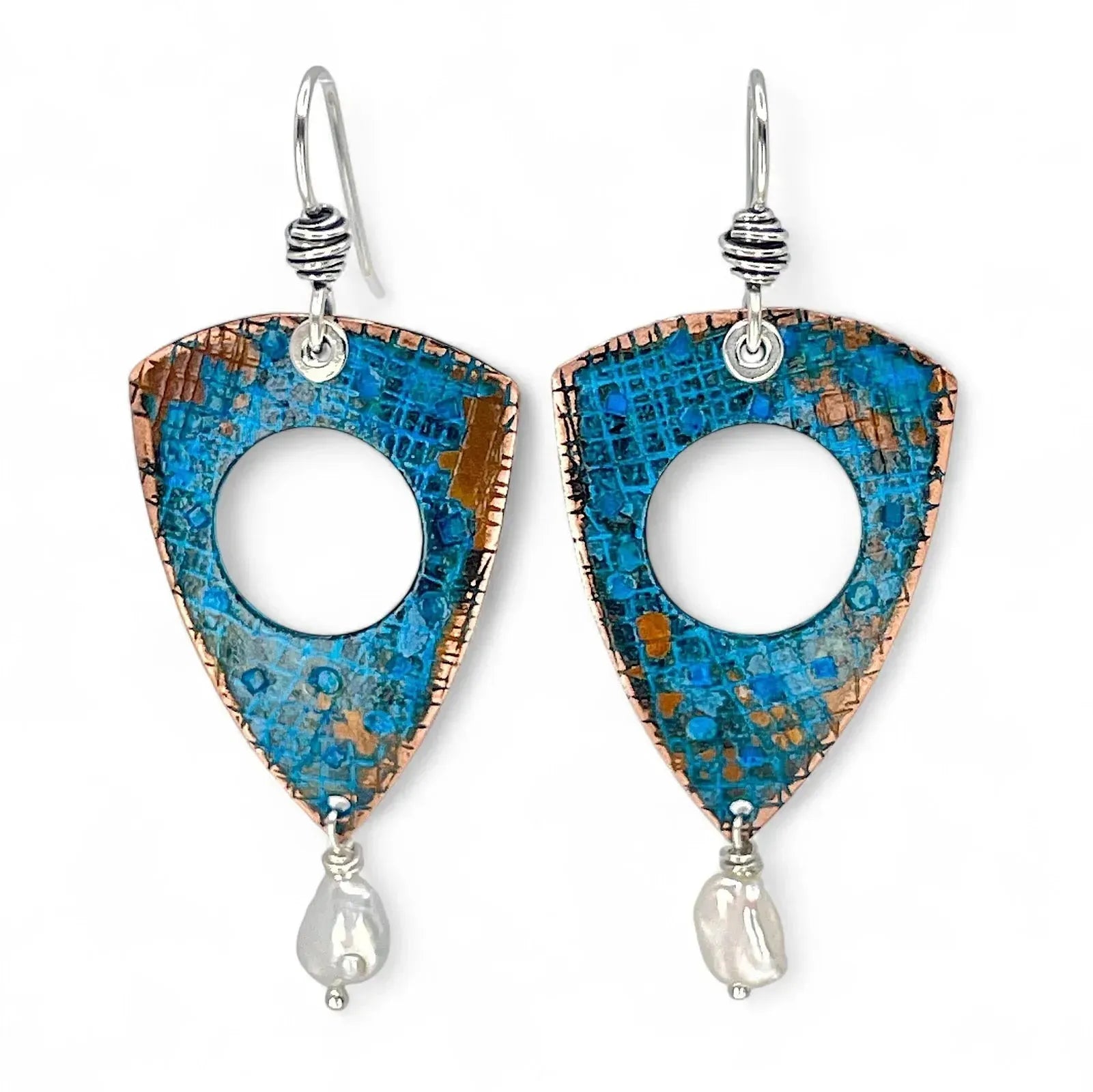 Kristin Christopher Copper Blue Patina earrings with freshwater pearls front view