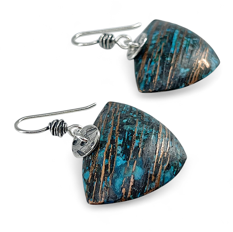 Copper trianglular blue patina earrings with sterling silver accents