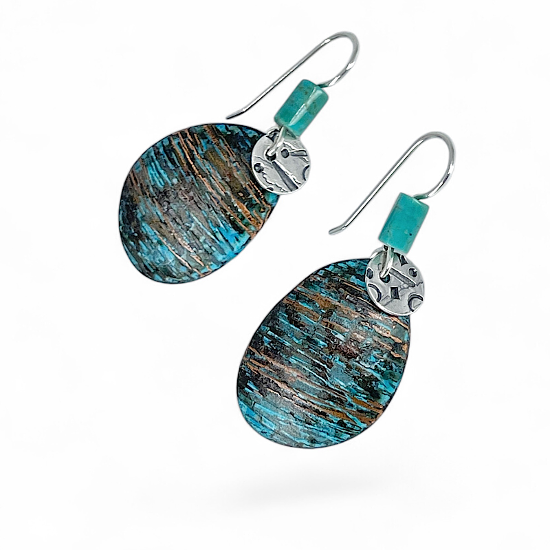 River Rock copper patina earrings with sterling and turquoise accents
