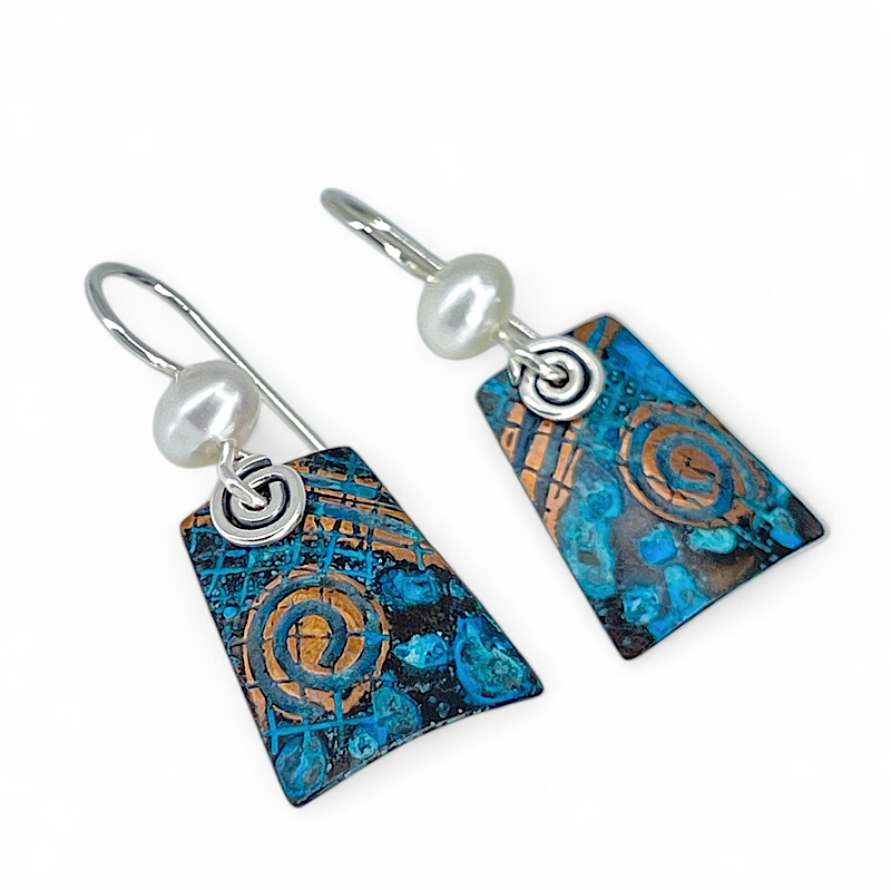 Blue copper patina earrings with Freshwater Pearls close up view