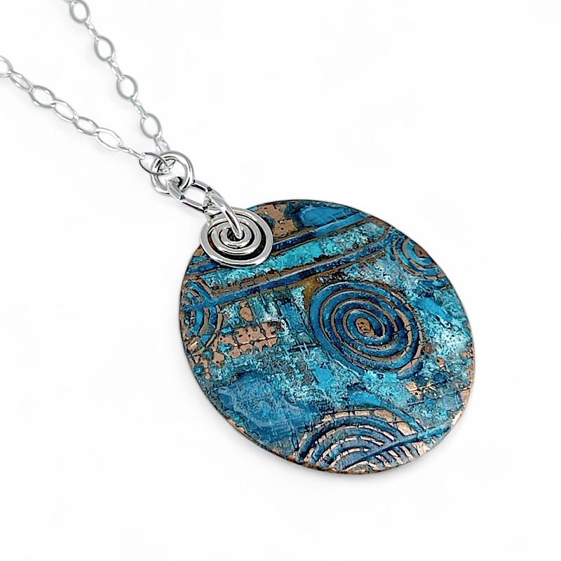 Copper blue patina round pendant on sterling silver chain