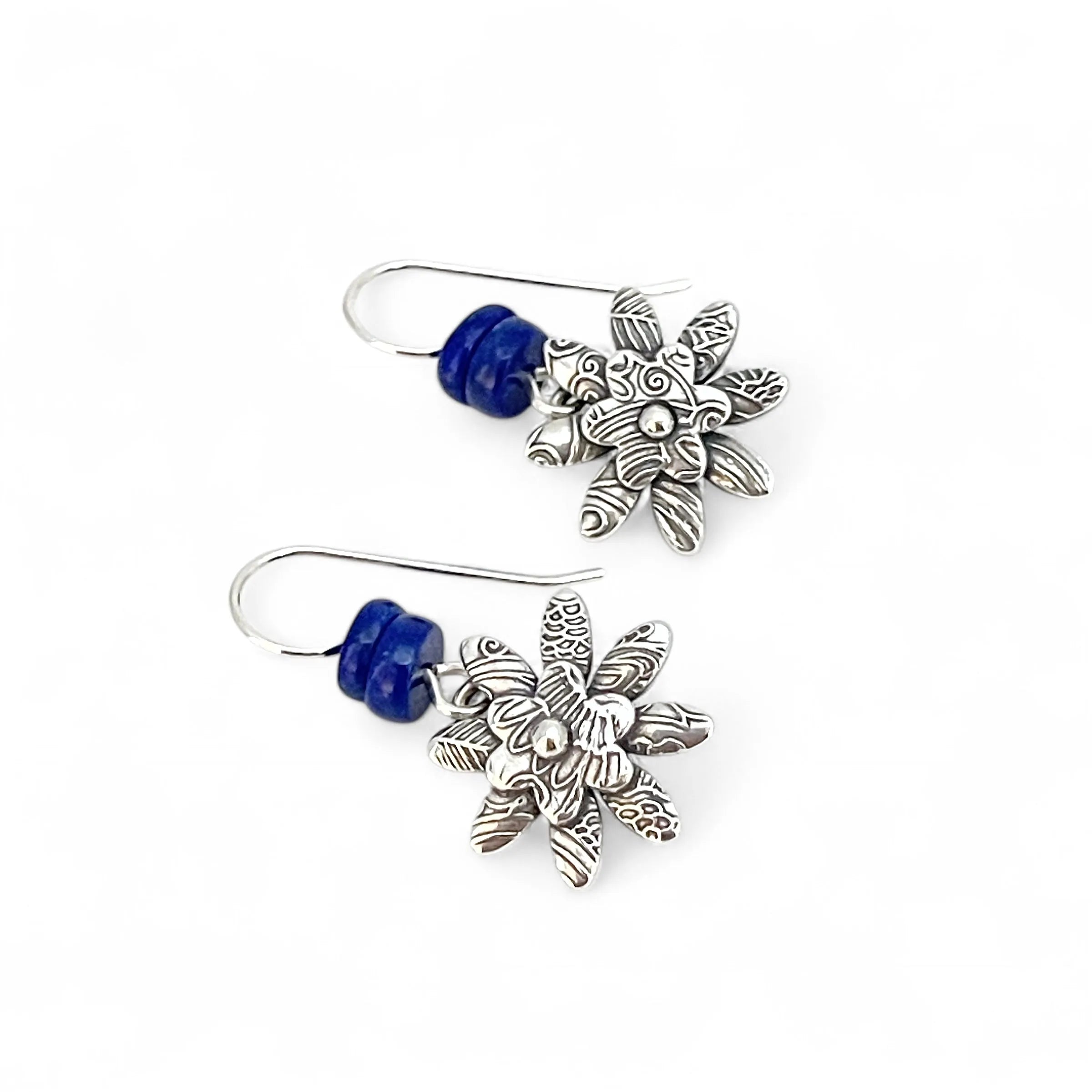 Sterling flower earrings with Lapis - front view by Kristin Christopher