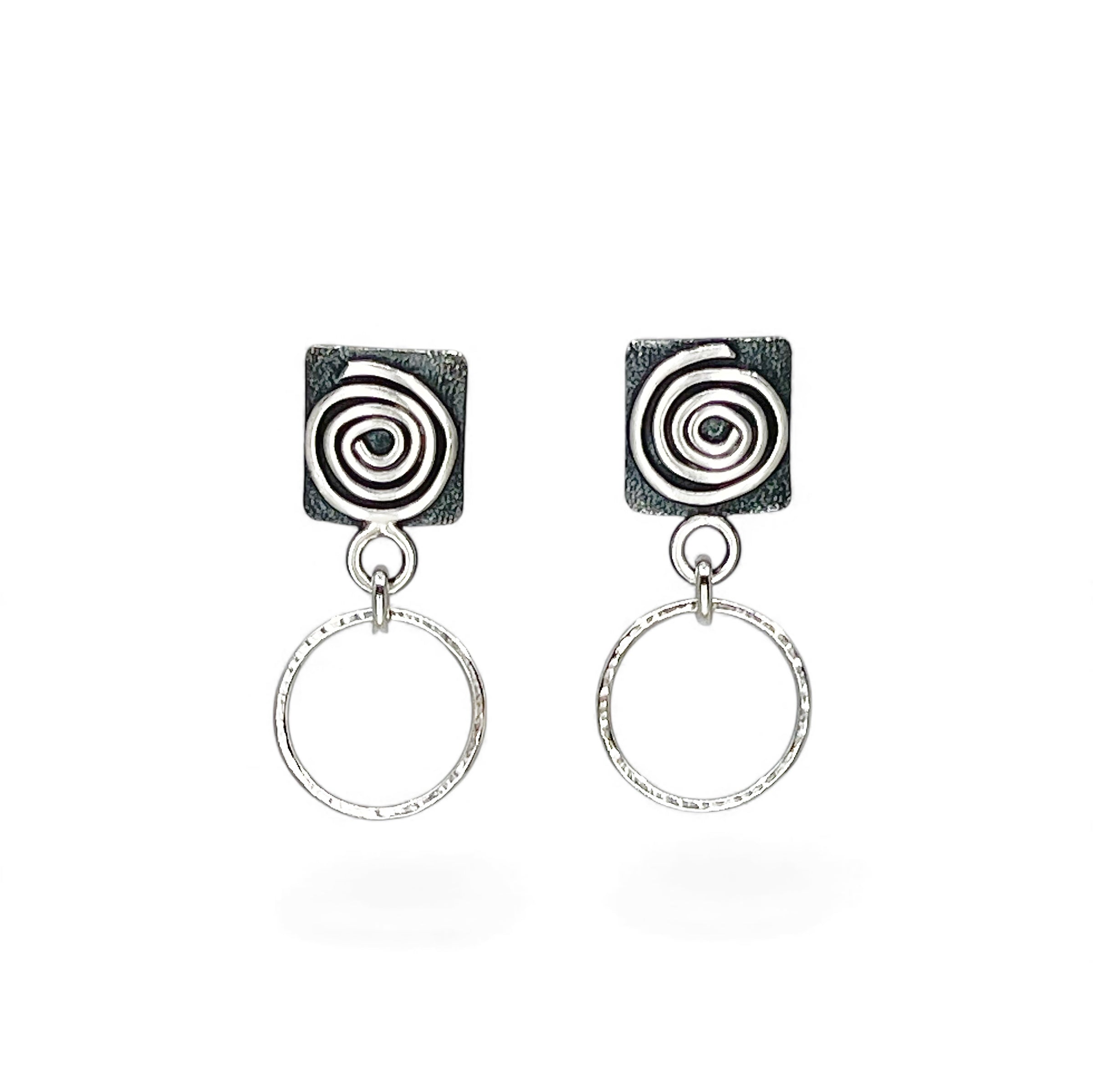 Sterling silver square earrings with spirals and hammered hoops