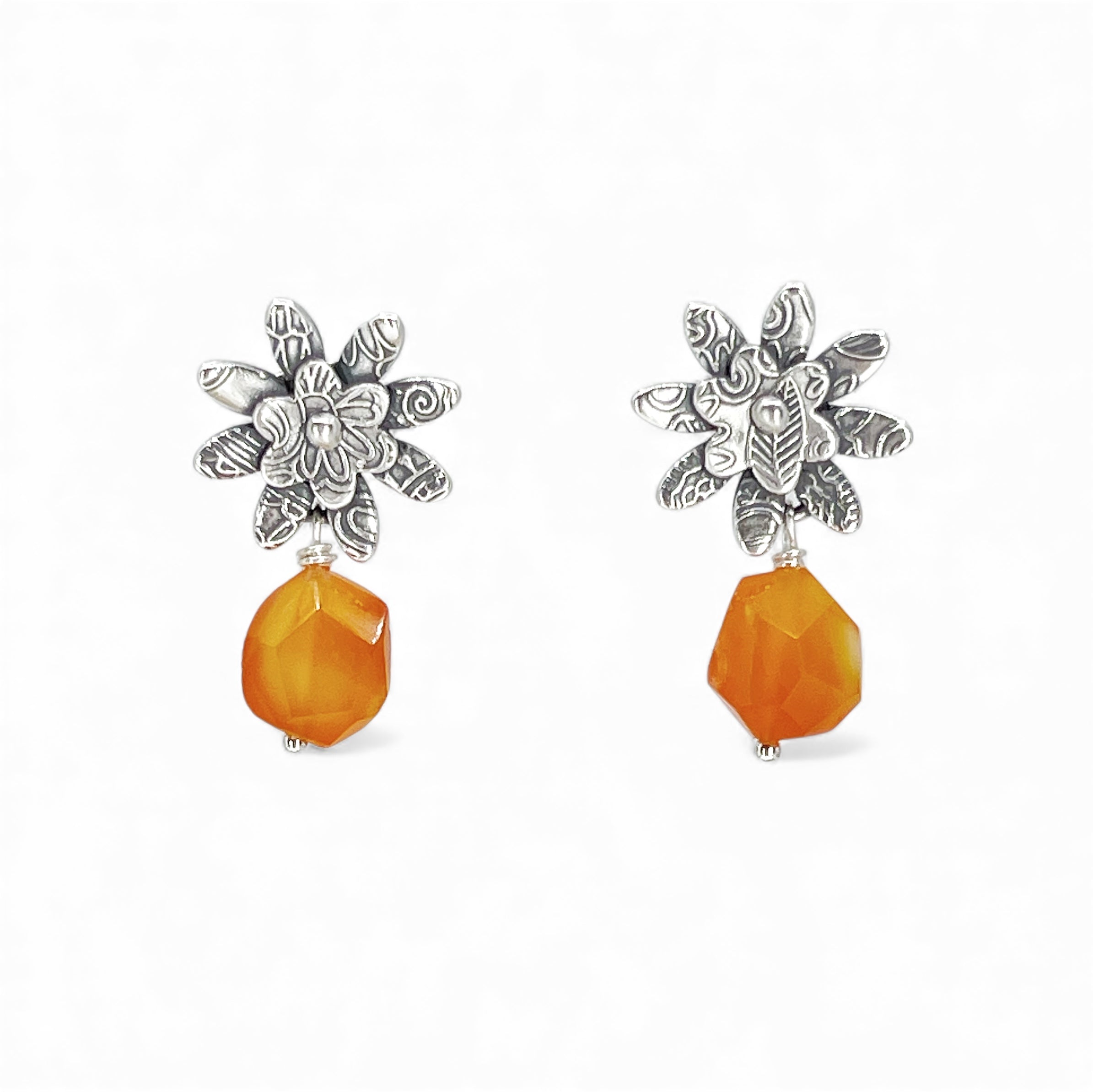 Sterling silver floral earrings with orange carnelian beads