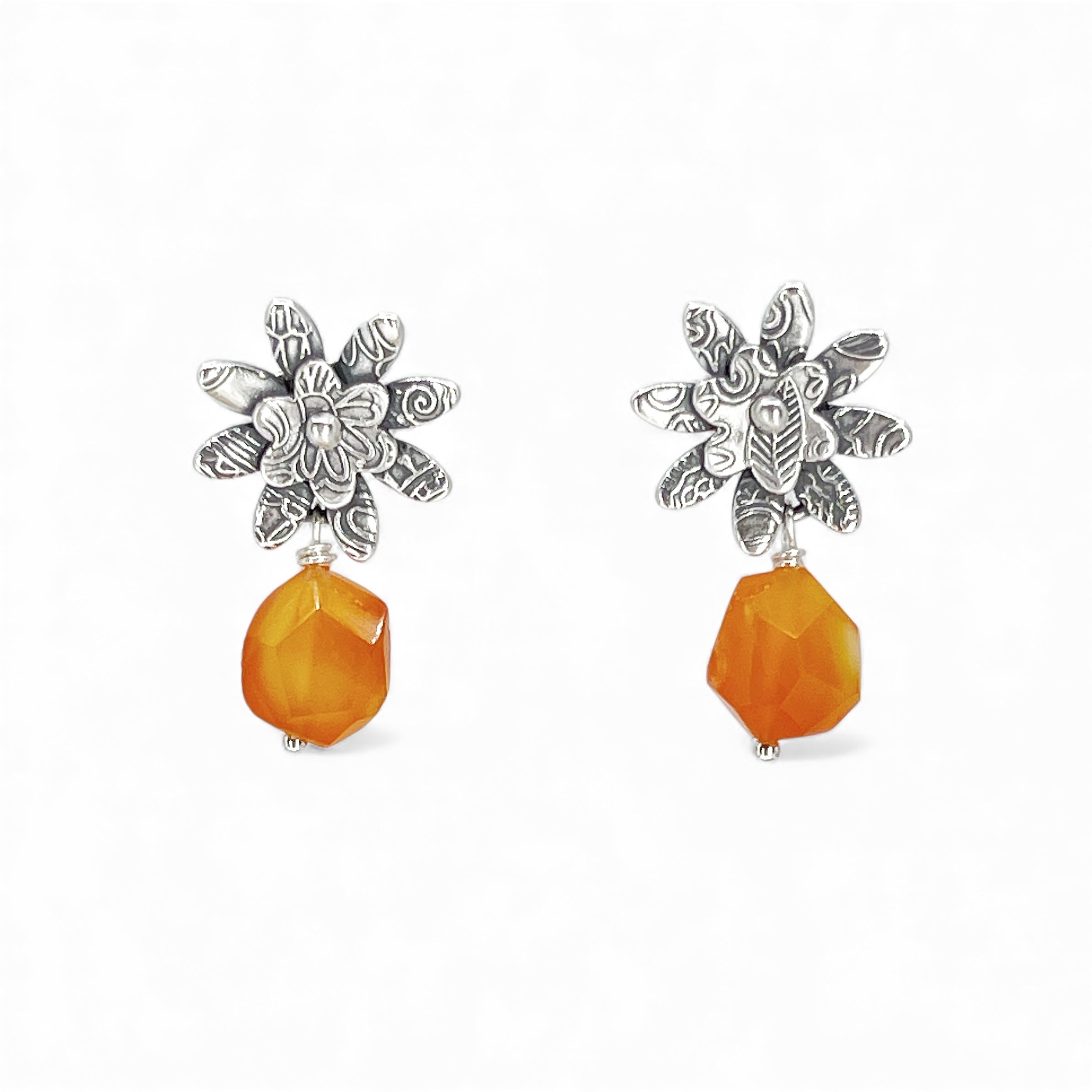 Sterling silver floral earrings with orange carnelian beads