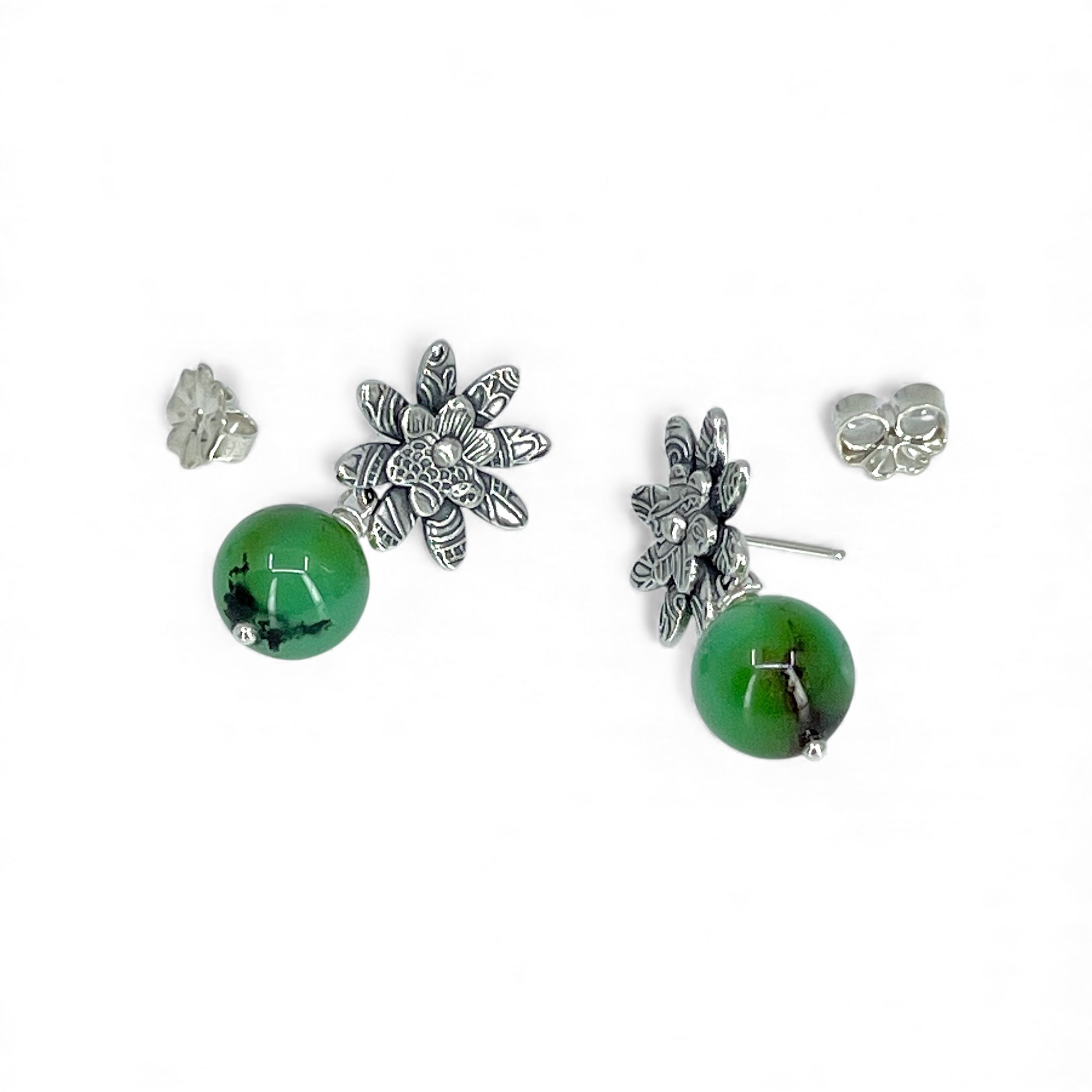Sterling silver and chrysoprase post earrings on a white background