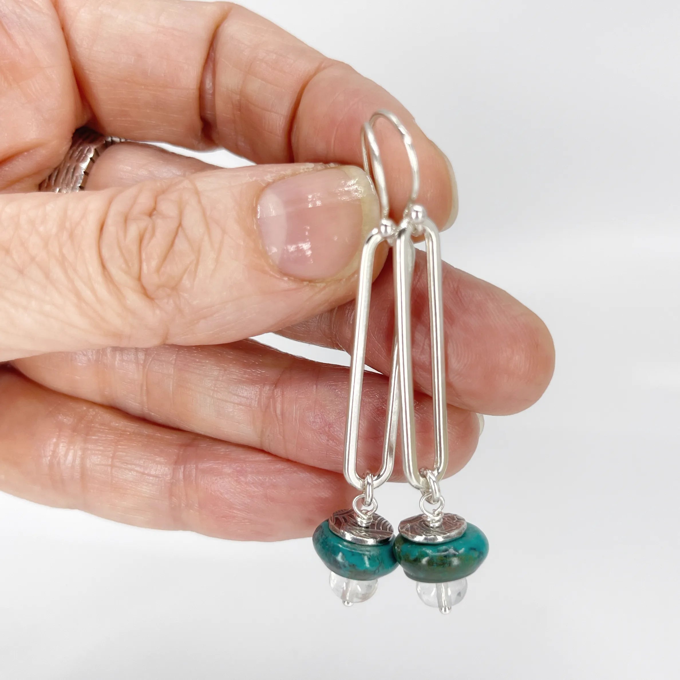 Sterling Oval Hoops with Turquoise and Clear Quartz - Kristin Christopher