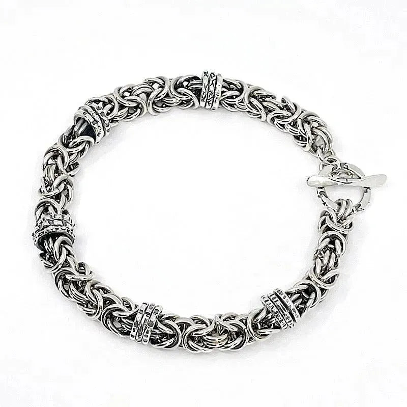 Sterling Silver Byzantine Chainmail Bracelet with Hand-stamped Spinners - Kristin Christopher