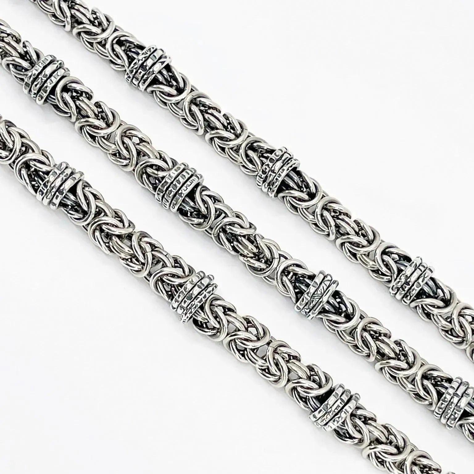 Sterling Silver Byzantine Chainmail Bracelet with Hand-stamped Spinners - Kristin Christopher