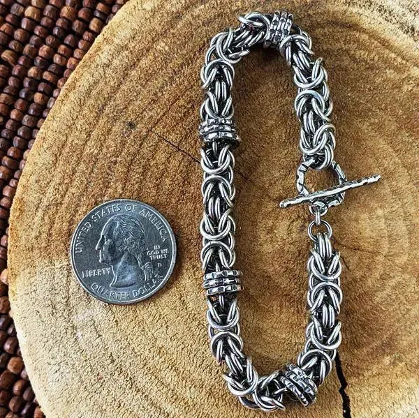 Sterling Silver Byzantine Chainmail Bracelet with Hand-stamped Spinners - Kristin Christopher