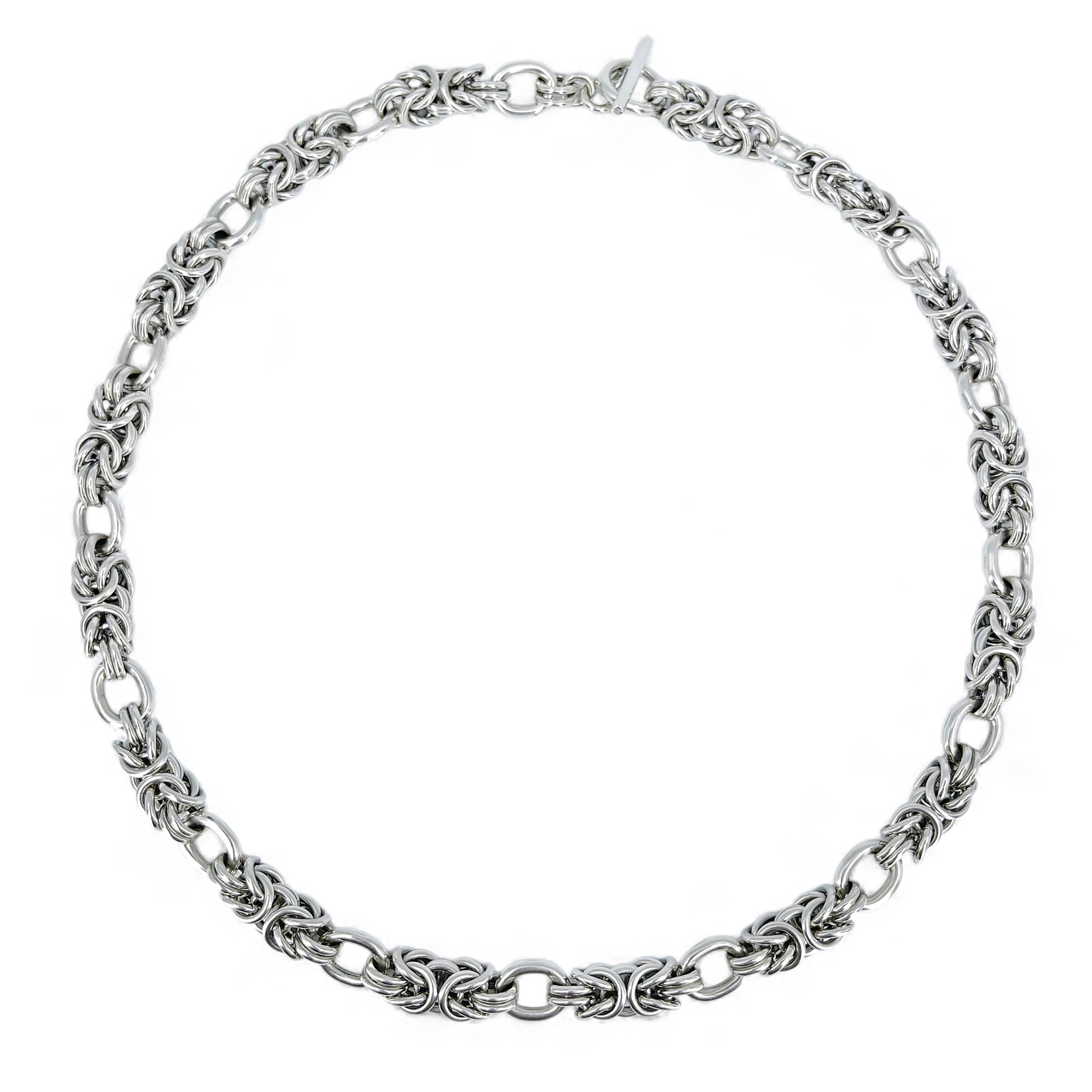 Sterling silver byzantine chainmail necklace on white background