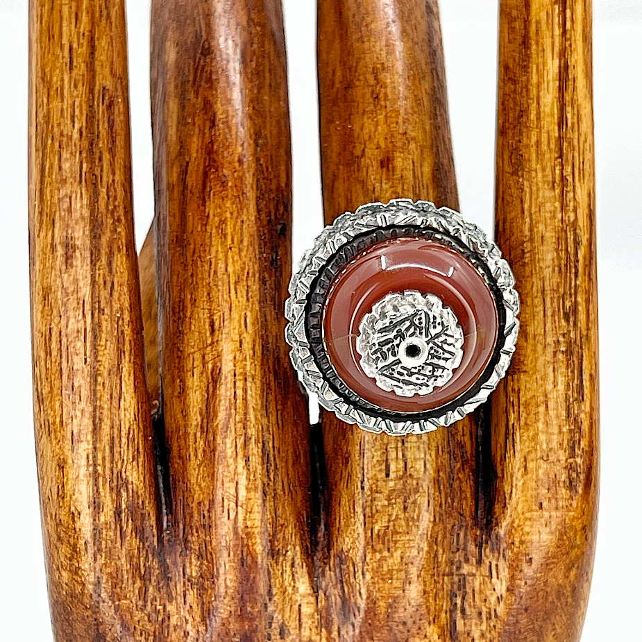 Sterling silver and Carnelian Owl Ring by Kristin Christopher - top view as worn