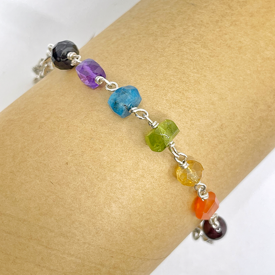 Rainbow Gemstone Bracelet with Sterling Silver V 2 - view as worn - by Kristin Christopher