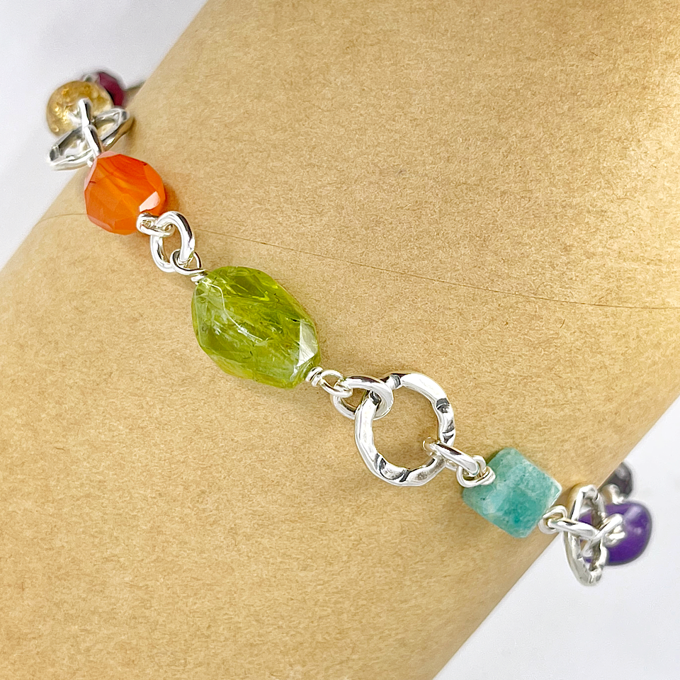 Rainbow Gemstone Bracelet with Sterling Silver V 3 - view as worn - by Kristin Christopher