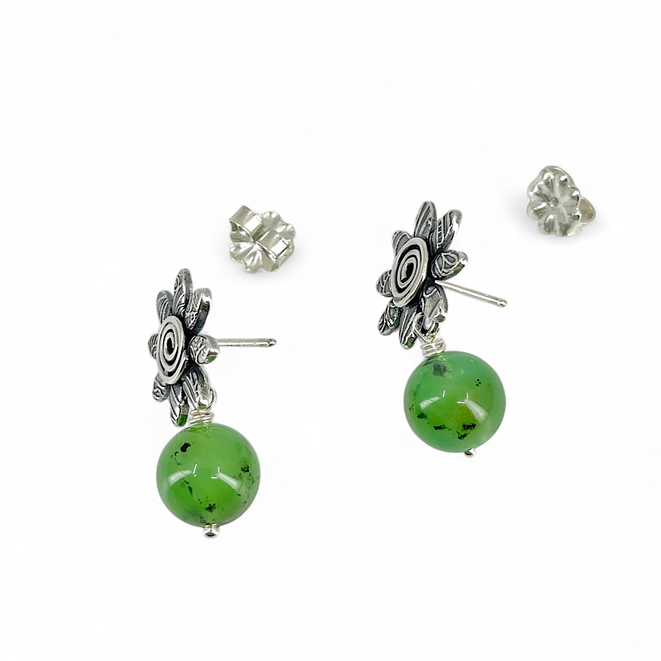 side view of Sterling flower earrings with green gemstones by Kristin Christopher
