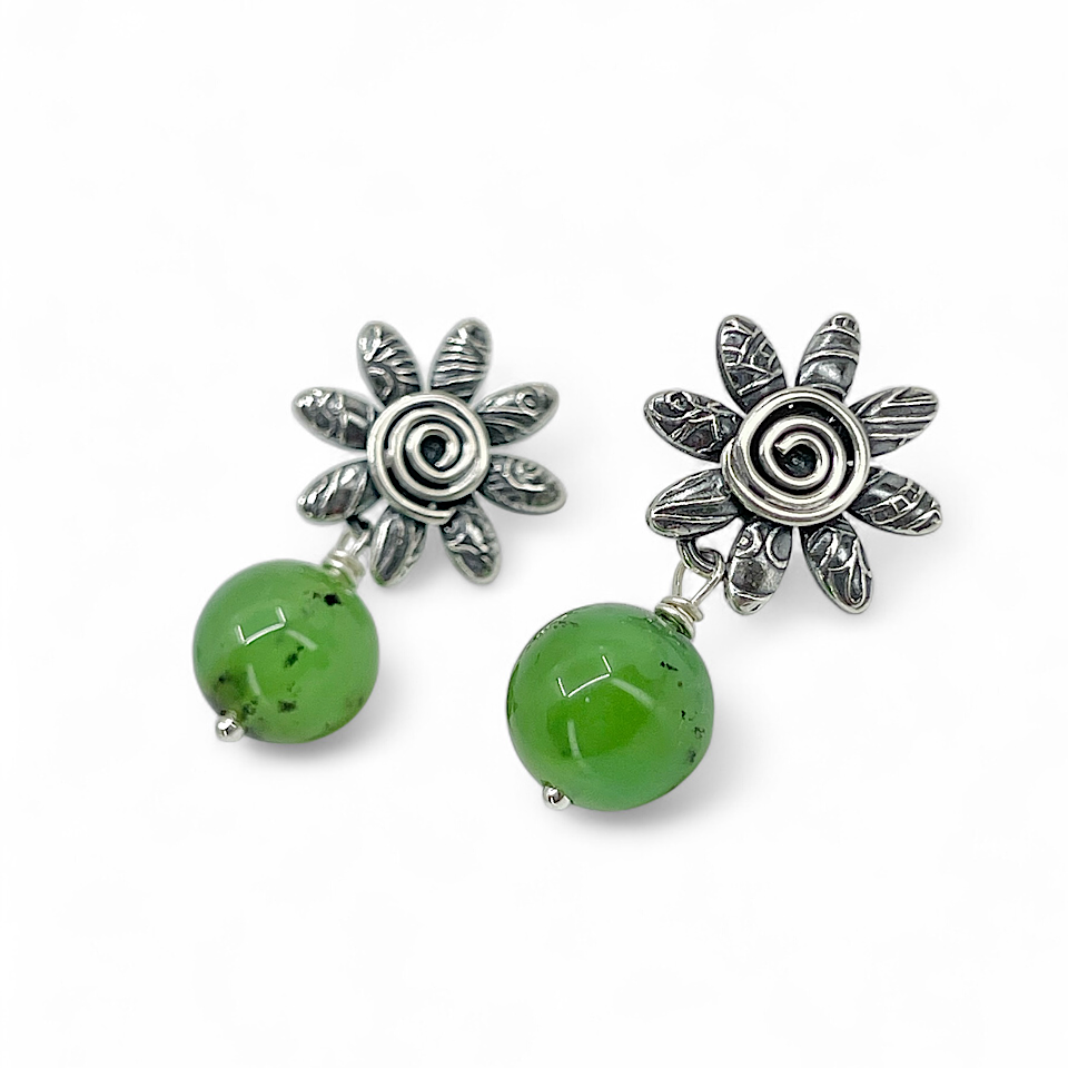 Sterling flower earrings with green gemstones by Kristin Christopher front view