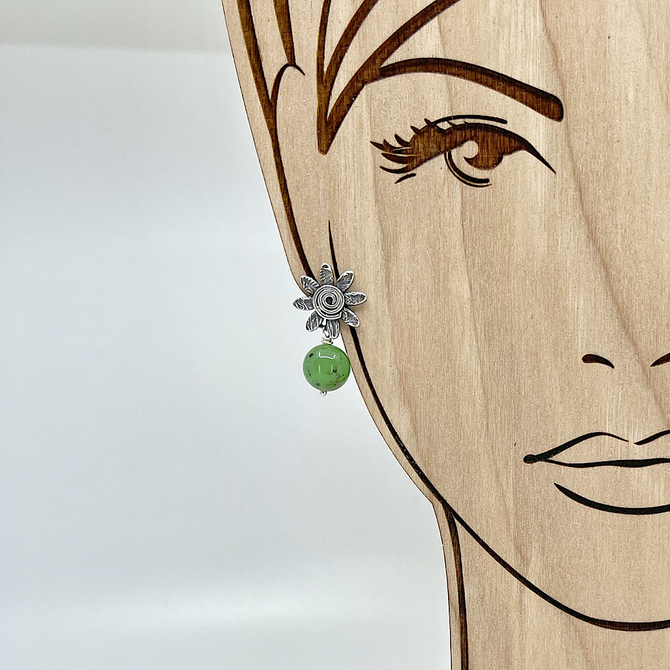 Sterling flower earrings with green gemstones view on model - by Kristin Christopher