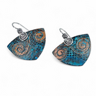 Pair of triangle blue patina earrings with sterling silver spirals