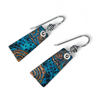 Rectangular copper blue patina earrings on white background
