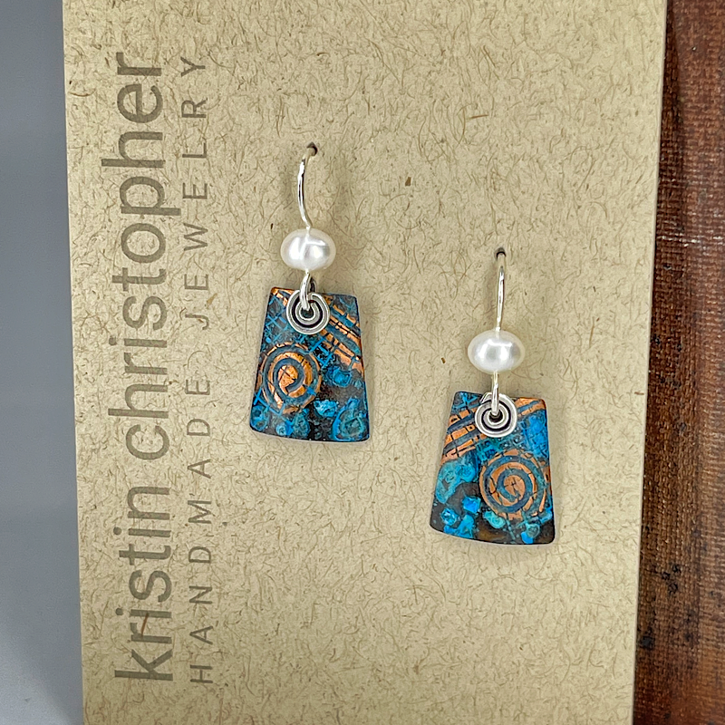 copper blue patina earrings with freshwater pearl on 'Kristin Christopher' card