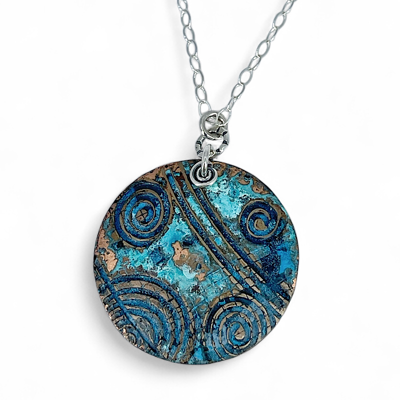 Copper blue patina circle pendant by Kristin Christopher