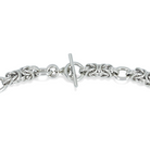 Sterling toggle clasp close up on a byzantine chain necklace