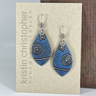 Blue spiral patterned earrings on a 'Kristin Christopher' branded card.