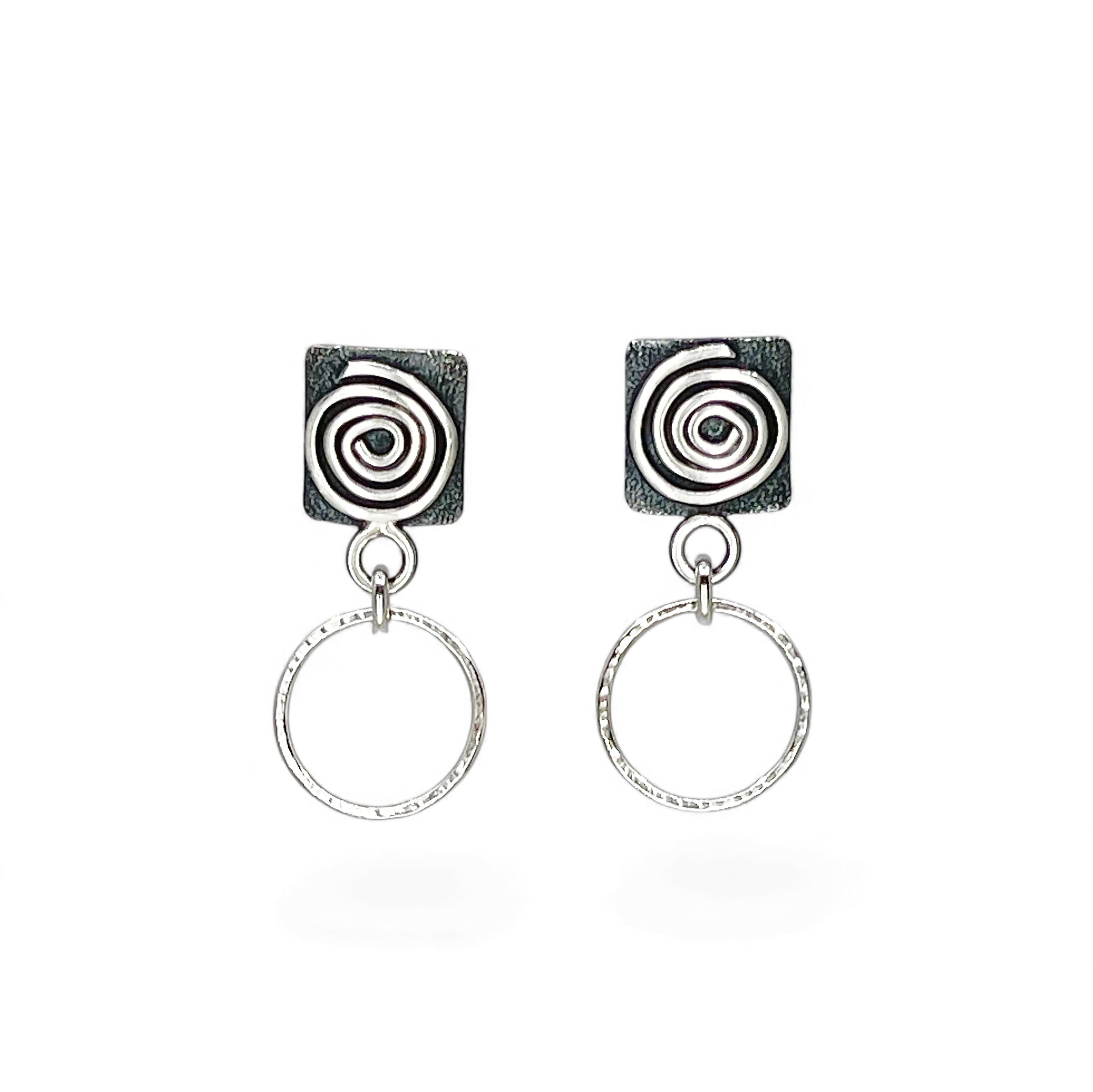 Sterling silver square earrings with spirals and hammered hoops