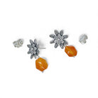 Sterling silver flower post earrings with carnelian beads on a white background