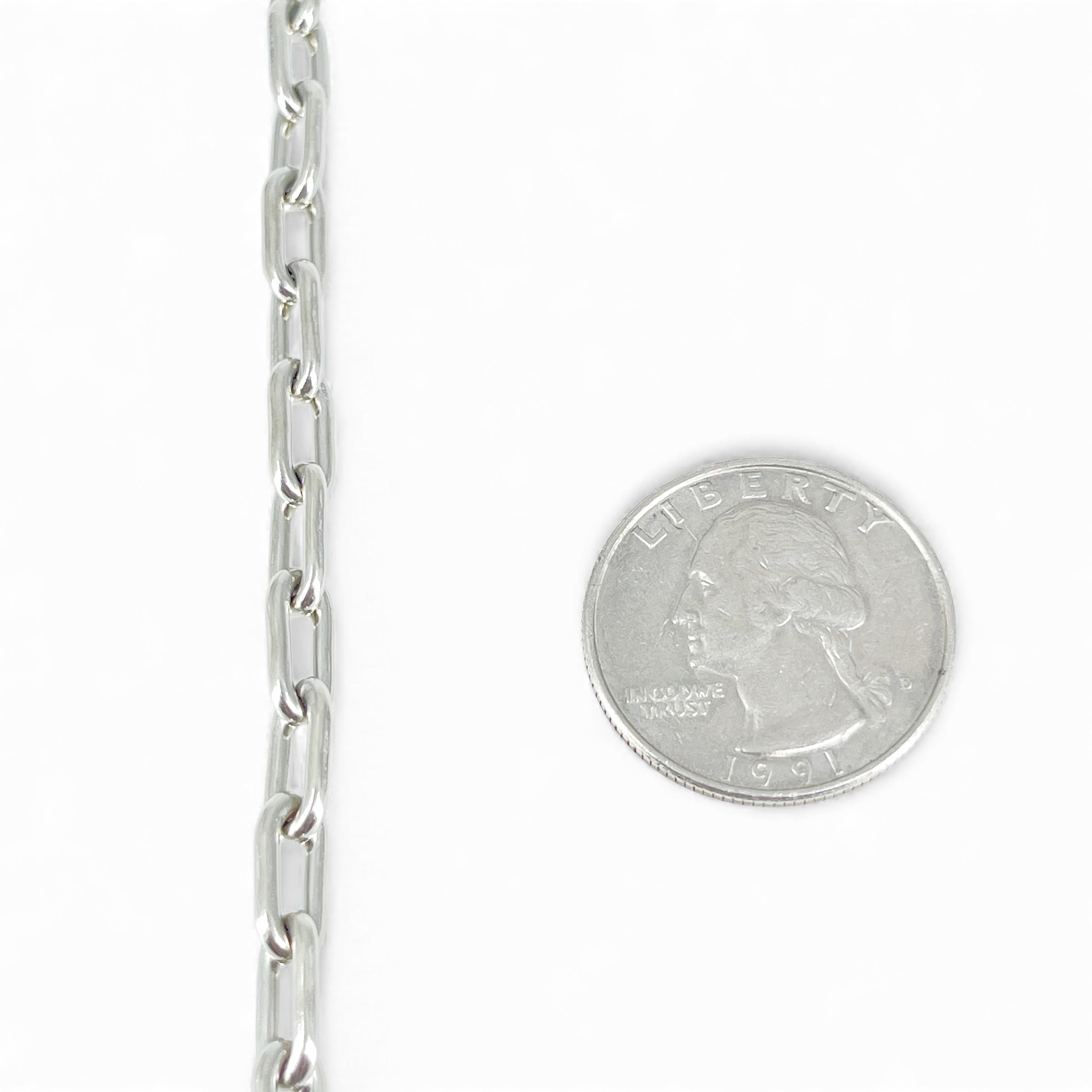 Sterling silver oval chain next to a quarter for size comparison