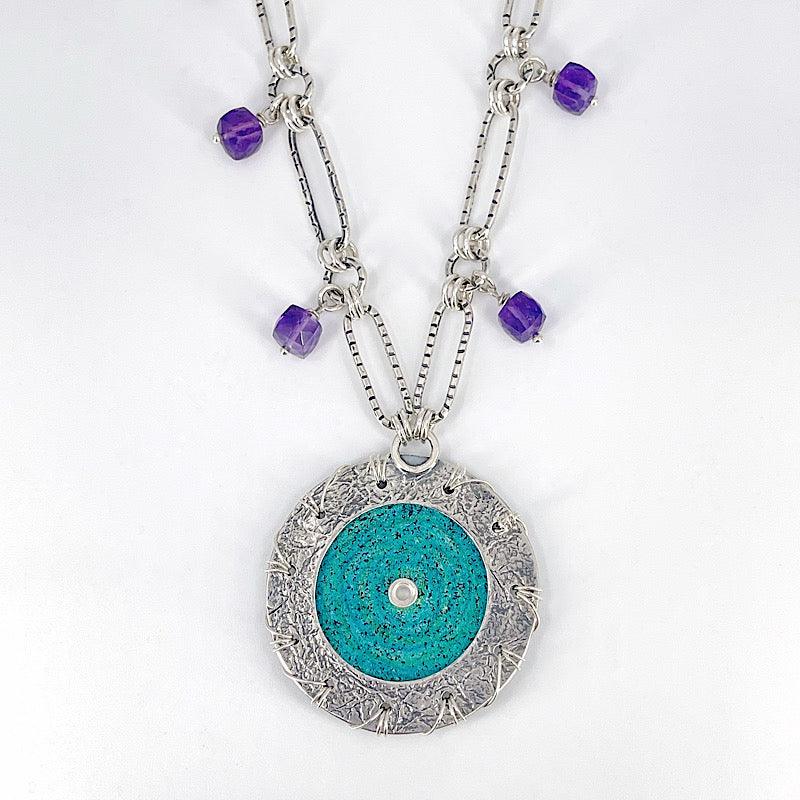 Purple and Aqua Copper and Sterling Silver Necklace with Amethyst - Kristin Christopher