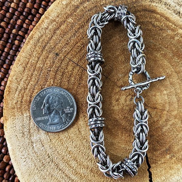 Sterling Silver Byzantine Chainmail Bracelet with Hand-stamped Spinners - Kristin Christopher