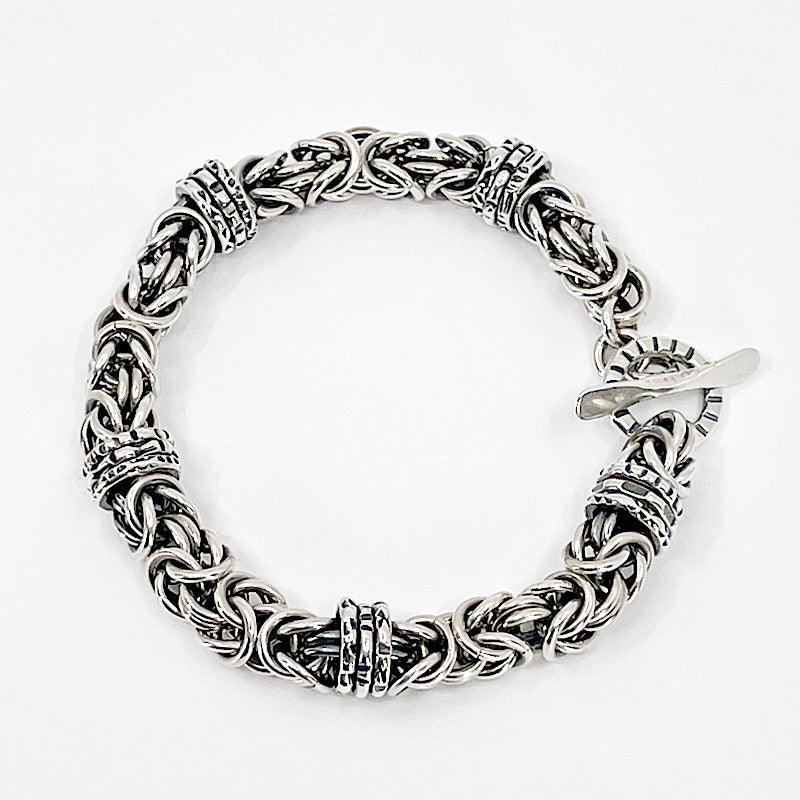 Sterling Silver Byzantine Chainmail Bracelet with Hand-stamped Spinners - Kristin Christopher